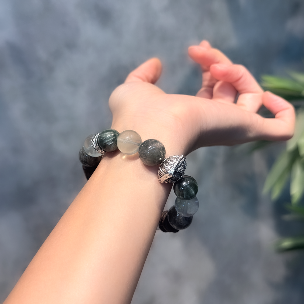 All Things in the World·Wood Element Energy Array——Green Phantom/Green Fluorite/Green Dragon Crystal/Twin Agarwood Five Elements Fortune Bracelet