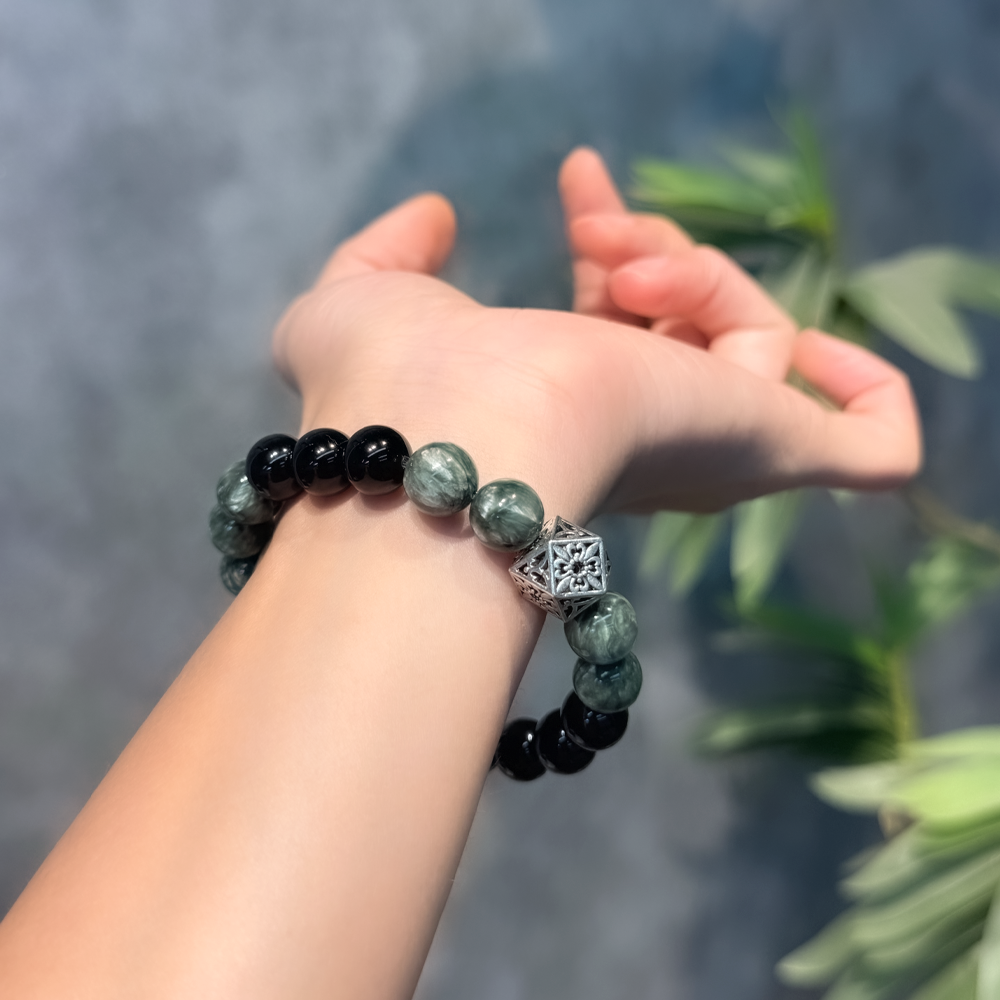 Verdant Flow – Black Obsidian & Seraphinite Wood Element Bracelet